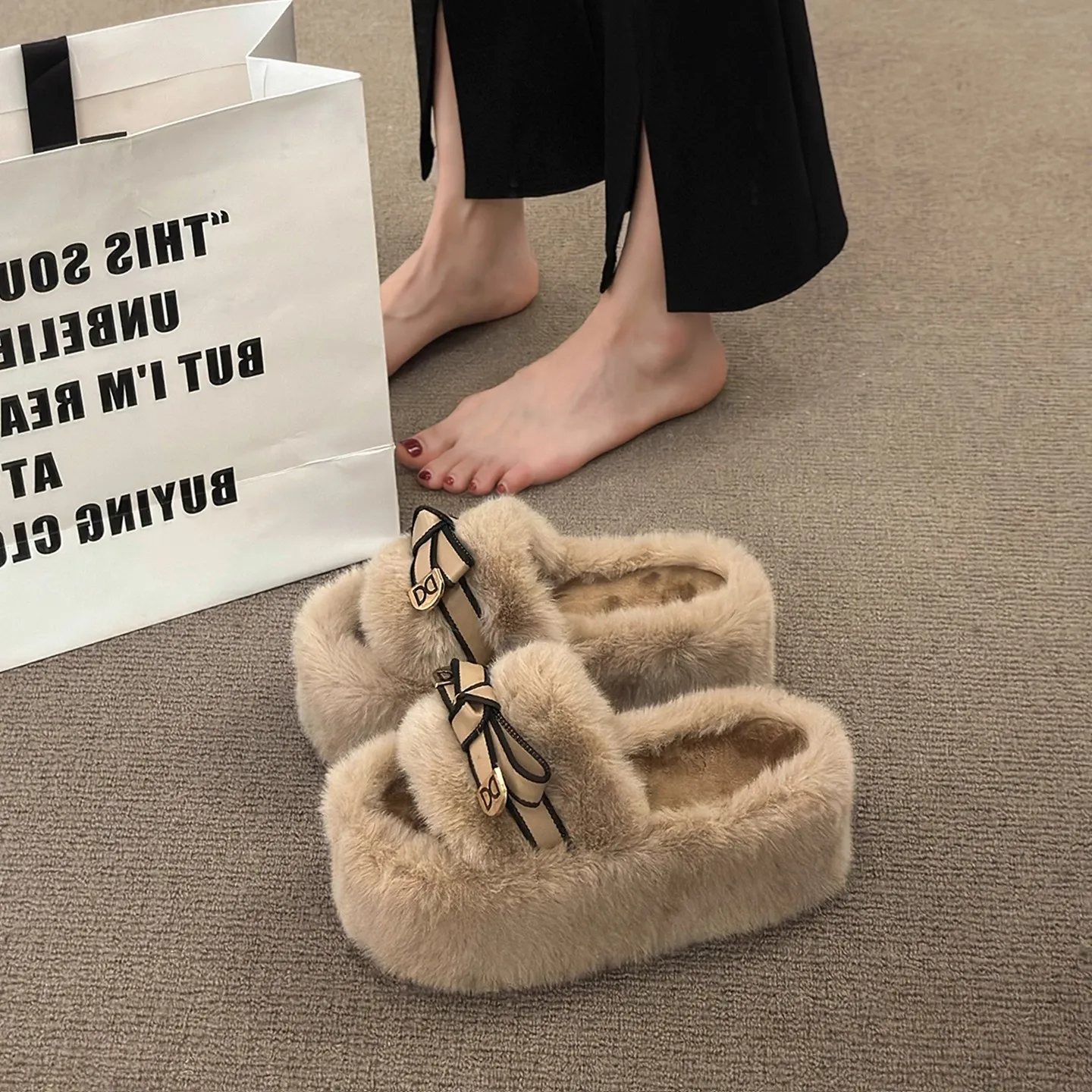 Fluffy Cotton Slippers Women's 7cm Height Increase Small Size  Knot Home Outdoor Wear Autumn Winter New Style