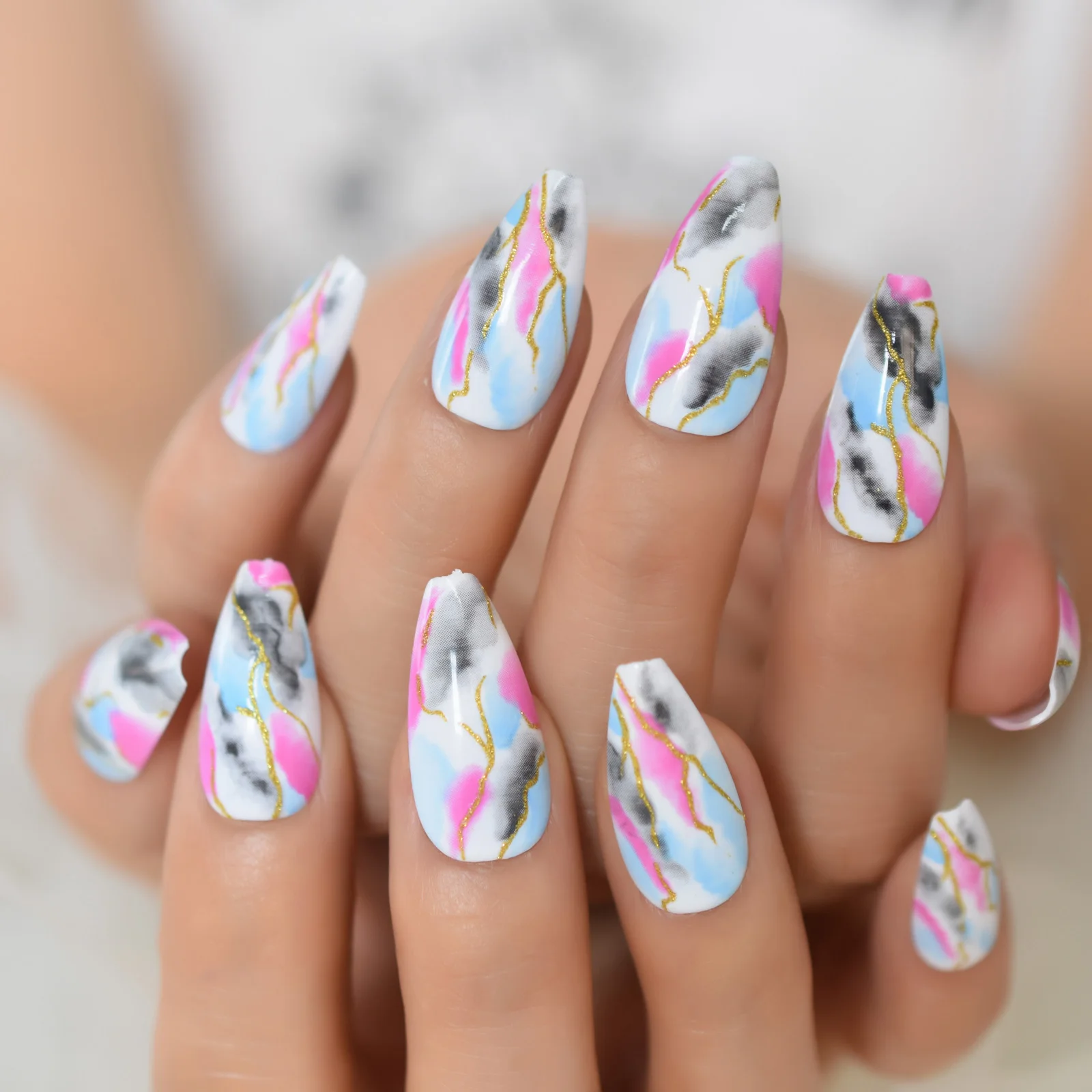 Medium Ballerina Press On Nails White Base Abstract Painting Mix Color Gold Line Decorative Fake Nails Tips 24 CT