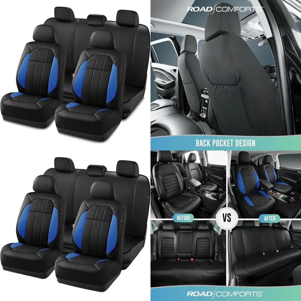 

Дышащие кожаные чехлы на автомобильные сиденья, полный комплект, подушка безопасности, совместимые с автомобилями, фургонами, грузовиками, внедорожниками - синий