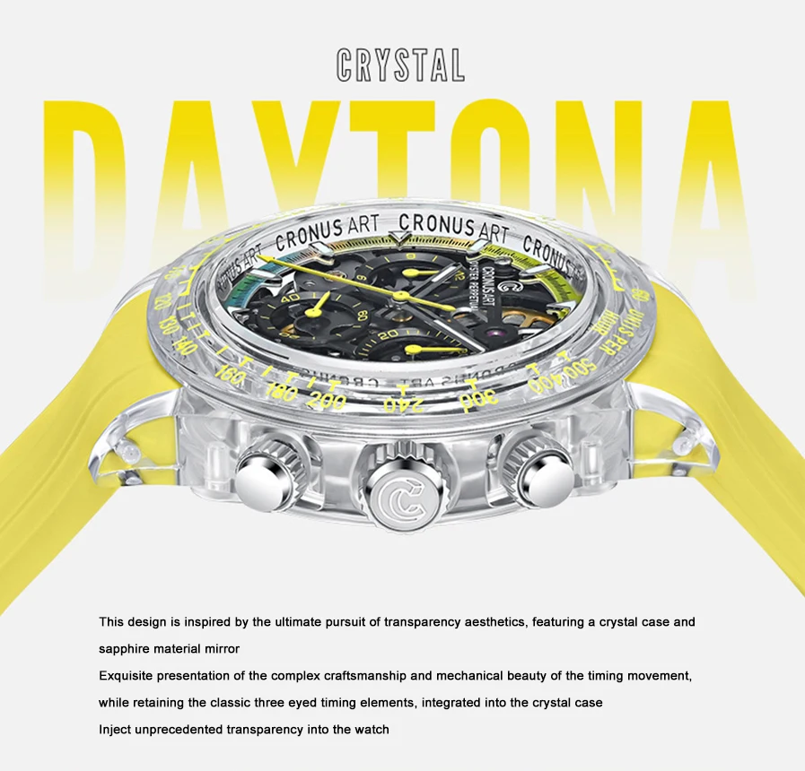 Мужские автоматические часы CRONUSART, 40 мм, циферблат с хронографом, механические наручные часы K9, хрустальный корпус, скелетон, светящийся ремешок из фторкаучука