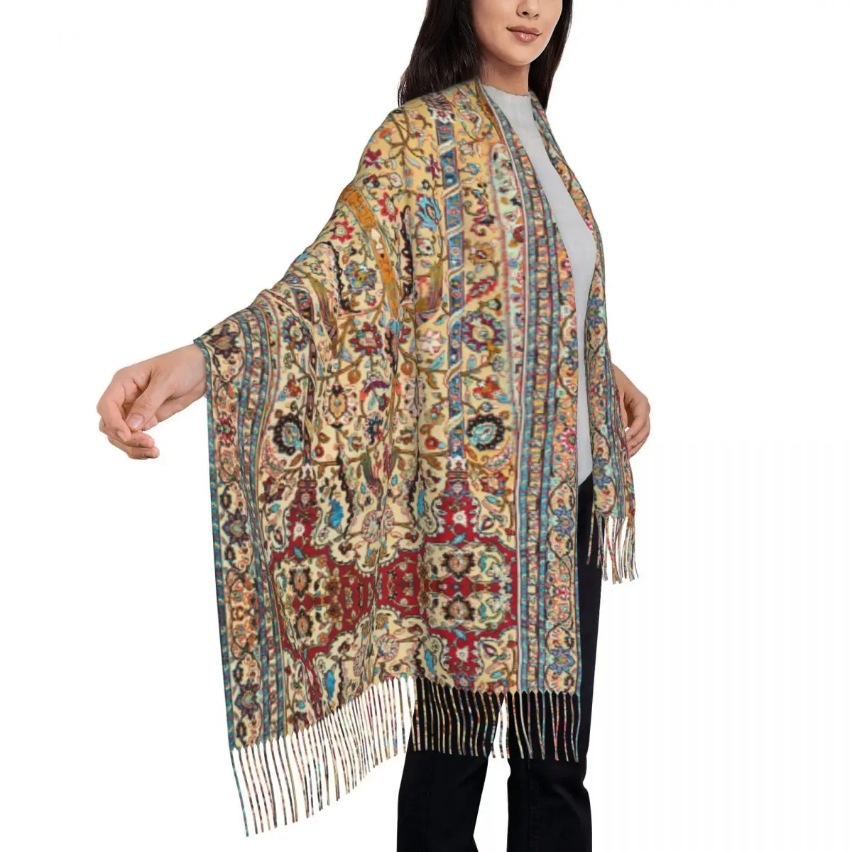 Antique Silk Persian Carpet Scarf Wrap for Women Long Winter Warm Tassel Shawl Unisex Bohemian Turkish Ethnic Kilim Scarves