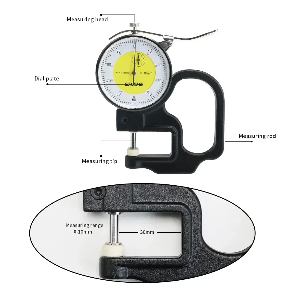 Shahe Metric Thickness Gauge 0-10 mm 0.01 mm Dial Indicator Thickness Gauge