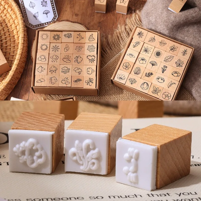 Journal-Dekor-Stempel aus Buchenholz, Gummistempel mit Emoji- und Wettermuster, DIY-Bastelbedarf für Schüler und Kinder, Handarbeit