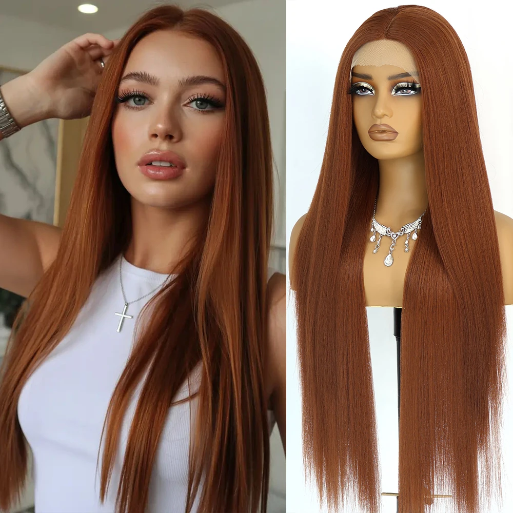 

Синтетические парики Aubree с кружевной передней частью для женщин, 13*4*1, длинные прямые, 32 дюйма, 180% плотность, имбирно-коричневый цвет, для повседневного использования и косплея