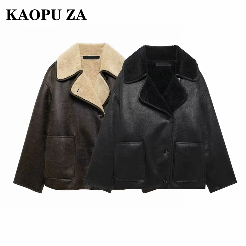 KAOPU ZA 2024 Autumn/Winter Woman Casual Solid Color Turn-down Collar Jacket Coat Female Vintage Long Sleeve Single-breasted Top