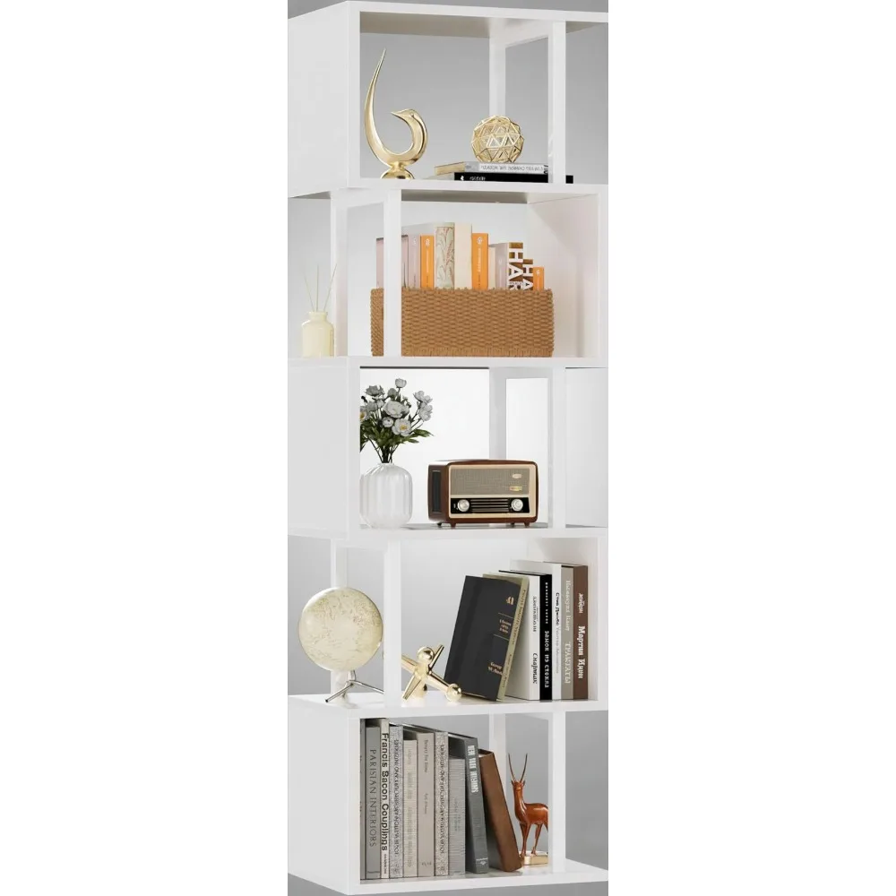 

White Geometric 6-Tier S-Shaped Bookcase, Modern Display Storage Shelf, Metal Wood Room Divider for Living Room Bedroom Office