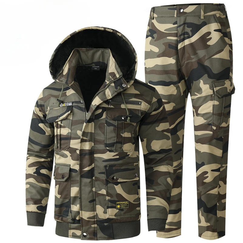 Winter Fleece Thicken Mens Warm Sets Pure Cotton Comfortable Wear Resistant Camouflage Sets Charge Jacket+Elastic Pants 2-piece