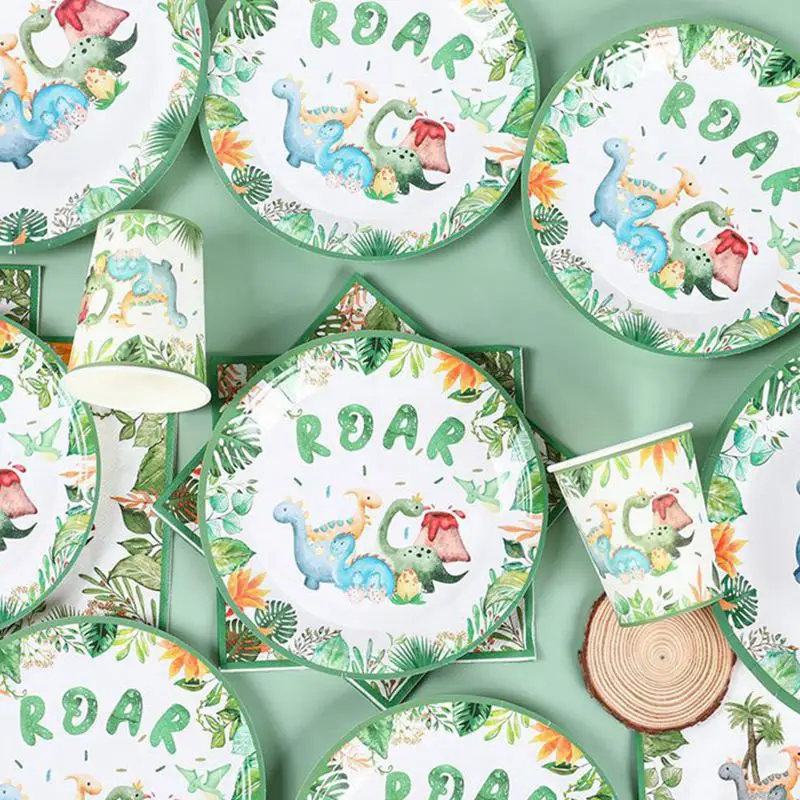 Disposable Dinosaur Birthday Plates Tableware Roar Dinosaur Party Decor Kids Baby Shower Jungle Safari Birthday Party Supplies