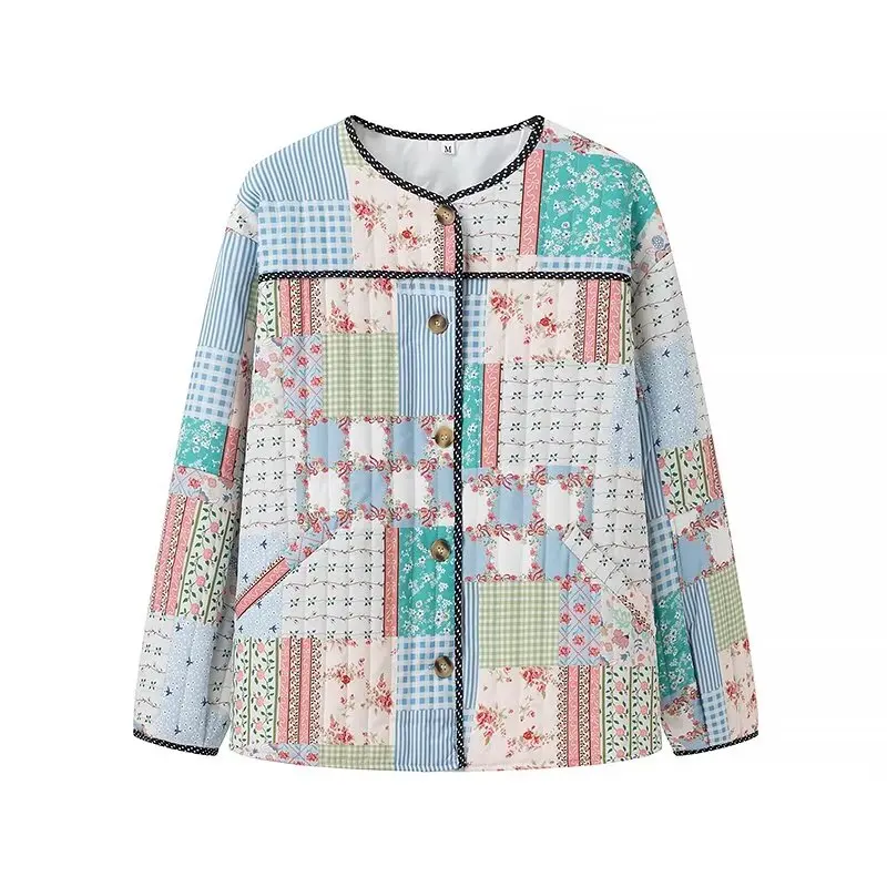 HH TRAF Women Winter New Fashion Long Sleeve Printed Patchwork Cotton Jacket Female Elegant Warm Single-breasted Casual Outwear