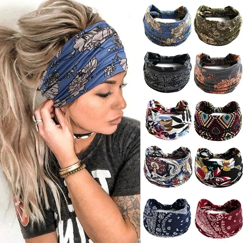 New Boho Flower Print Wide Headbands Vintage Knot Elastic Turban Headwrap for Women Girls Cotton Soft Bandana Hair Accessories