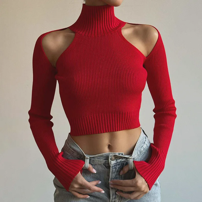 

New Women's Sexy Sweater Solid Color High Neck Off Shoulder Open Navel Woolen Knitted Top