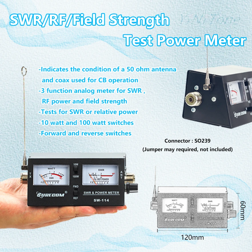 SWR/RF Strength Test Power Meter SW-114 for Relative Power 3 Function Analog with Field Strength Antenna Standing Wave Table