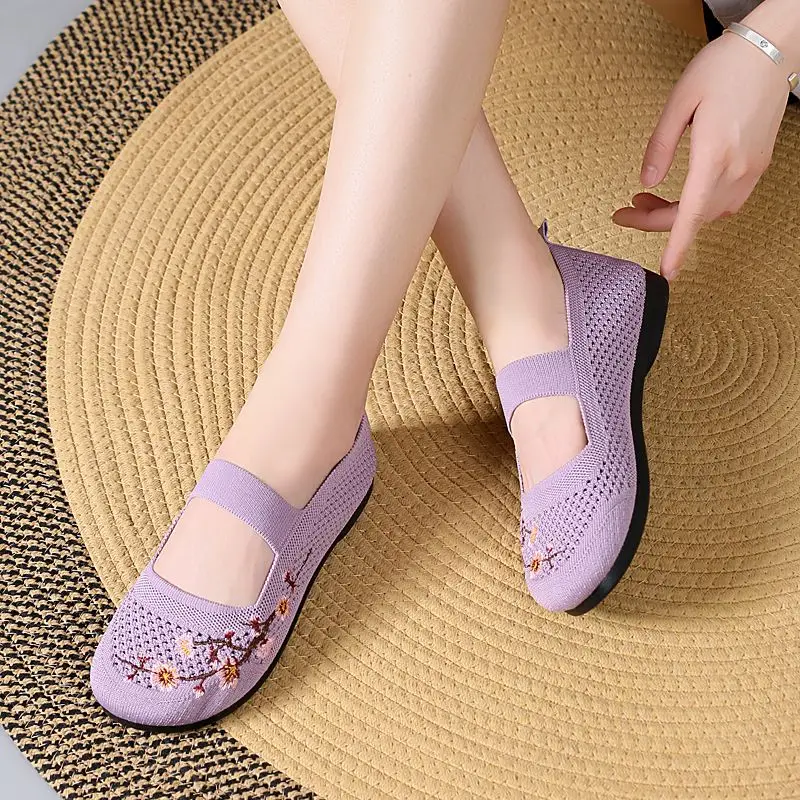 

Women's Ethnic Floral Elastic Band Flat Casual Shoes Soft Walk Drive Mary Janes Flats Woman Purple Knit Loafer Mom Drive Shoes