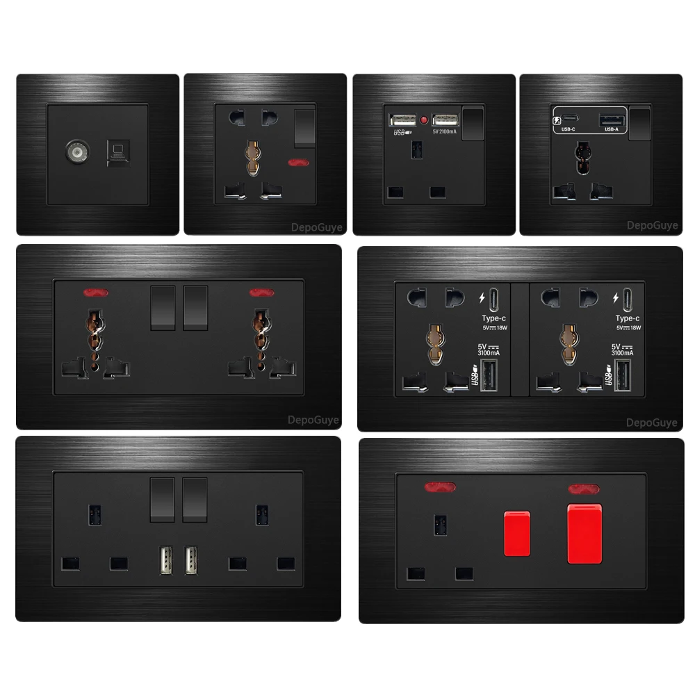 อลูมิเนียมแปรง Universal 3pin Dual USB ซ็อกเก็ต,UK 13A Type-C 18W Quick CHARGING Outlet,220V ไฟฟ้าแผงสวิตช์ไฟผนัง