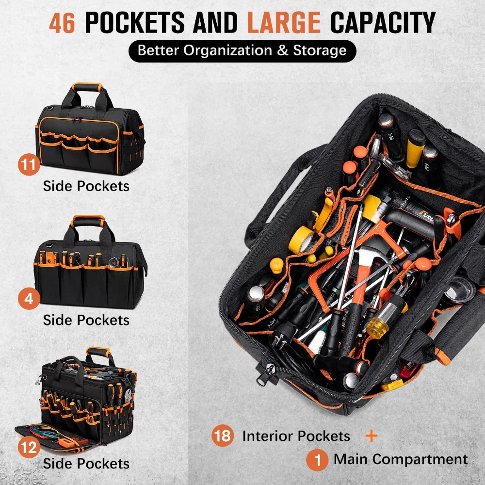17In Electrician Tool Bags for Men 46-Pocket Heavy Duty Tool Bag Organizer with Shoulder Strap for Electricians Mechanics