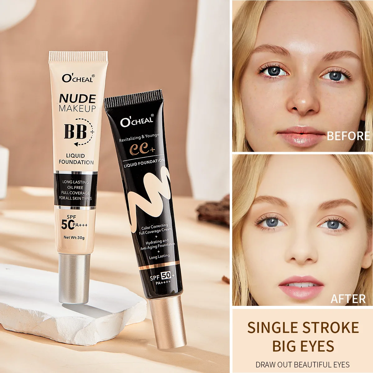 Ocheal 30g BB/CC sunscreen Cream SPF 50/PA+++ Facial Liquid Foundation Cream Long Lasting Coverage Oil Free All Skin Makeup