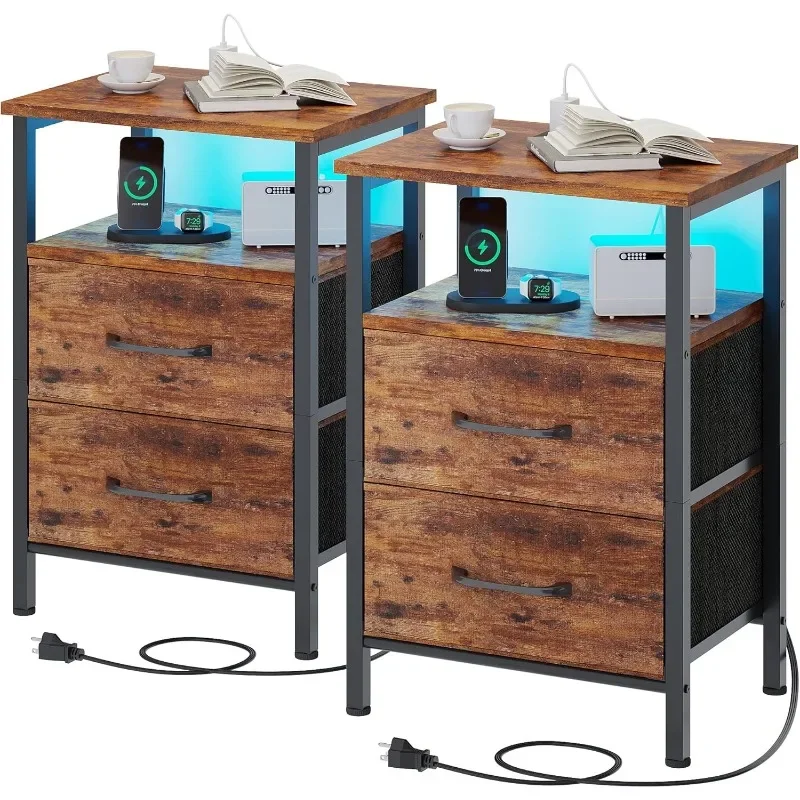 A Set of 2 Nightstands, A Nightstand with Charging Station and Led Lights, A Nightstand with 2 Bedroom Fabric Drawers