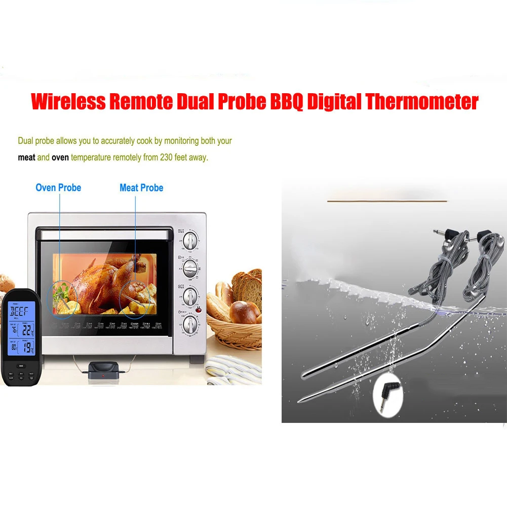 

Double Temperature Barbecue Thermometer Wireless Meat Remote Grill Needle 32F 482F LCD Timer Alarm Function Food