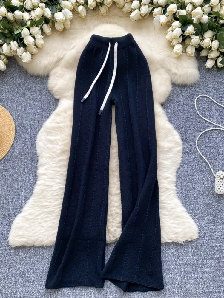 Autumn Women Knitted Drawstring Wide Leg Pants Casual Female Elegant High Waist Street Style Solid Trousers New Fashion