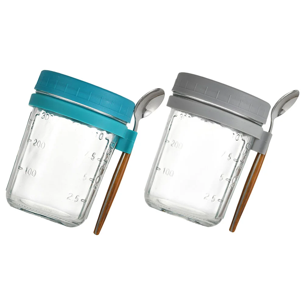 2 Sets Food Containers with Lids Overnight Oats Cups Breakfast Mason Salad Jars Yogurt Spoon and for Portable