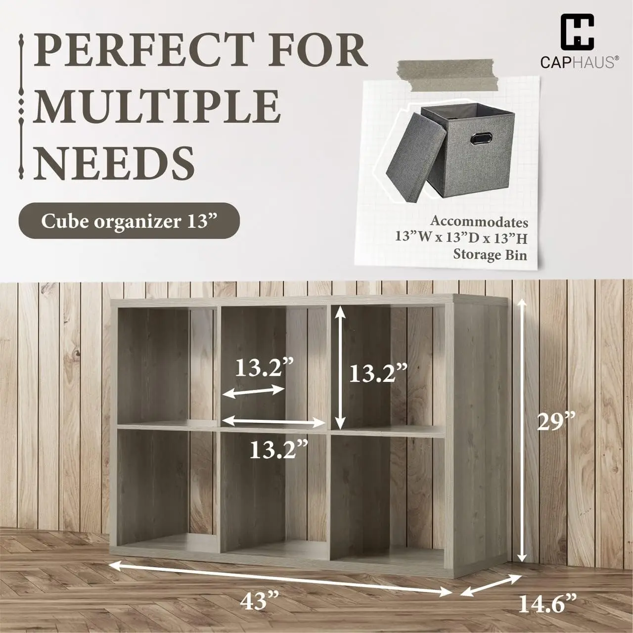 13-Inch Cube Storage Organizer Shelf, with Extra Thick Exterior Edge, Room Open Storage Shelf Divider, Bookcase, 6-Cube