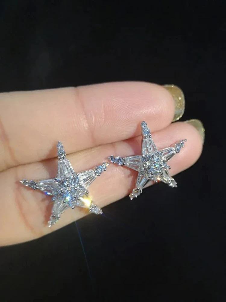 Simple Female Earrings 925 Sterling SIlver Pentagram Earrings for Women Inlaid Cubic Zircon Star Shaped Jewelry Gift Pendientes