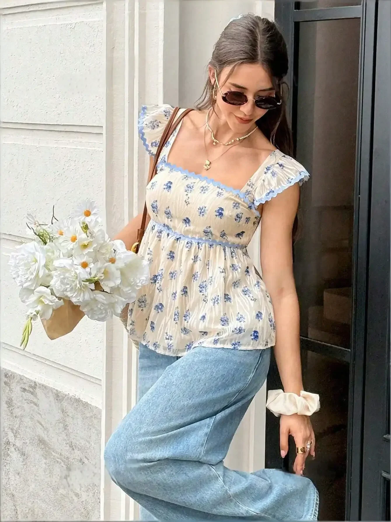 Women Summer Elegant Ditsy Floral Square Neck Scallop Trim Peplum Top Casual Beach Vacation Holiday Ladies Daily Wear