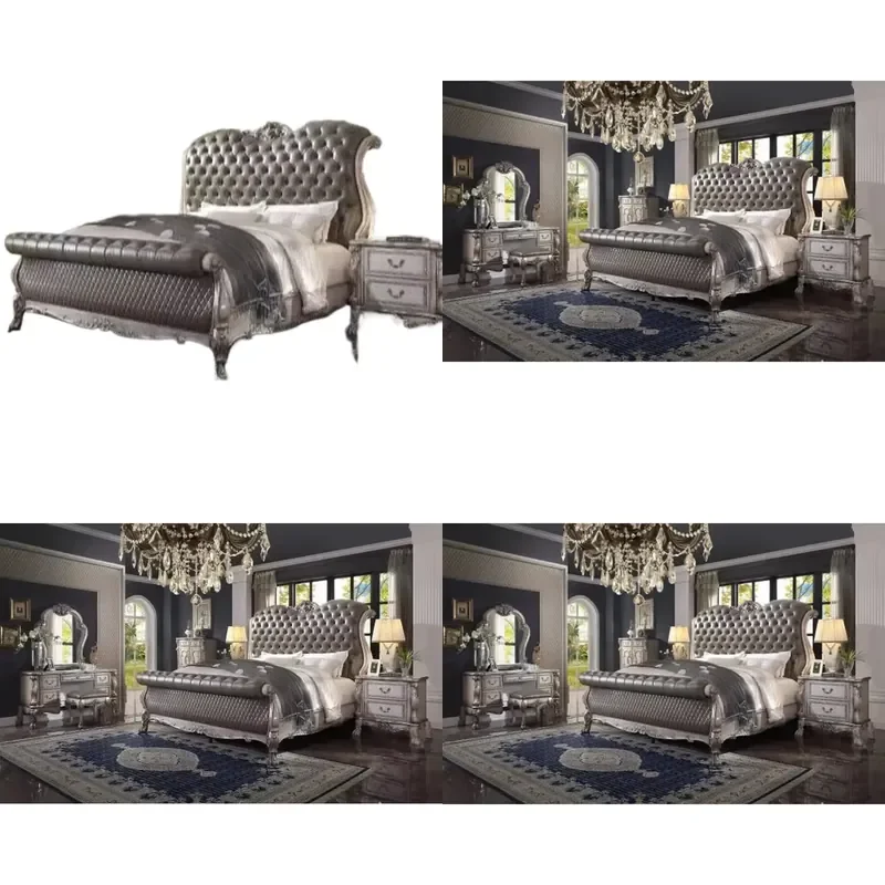 Elegant Modern King Bed Frame with Luminous Tufted Velvet Headboard Solid Wood 2 Drawers Storage Space Full Bedroom Set