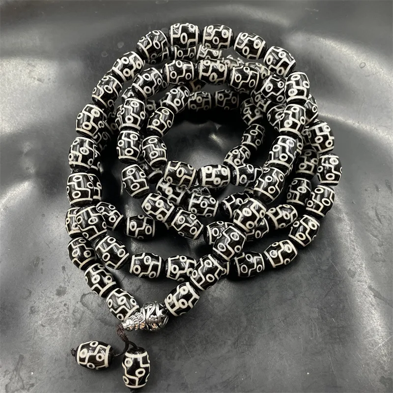 Jade Craftsman 10*14Mm Black And White 9-Hole Sweater Chain 108 Old Agate Buddhist Prayer Beads Necklace