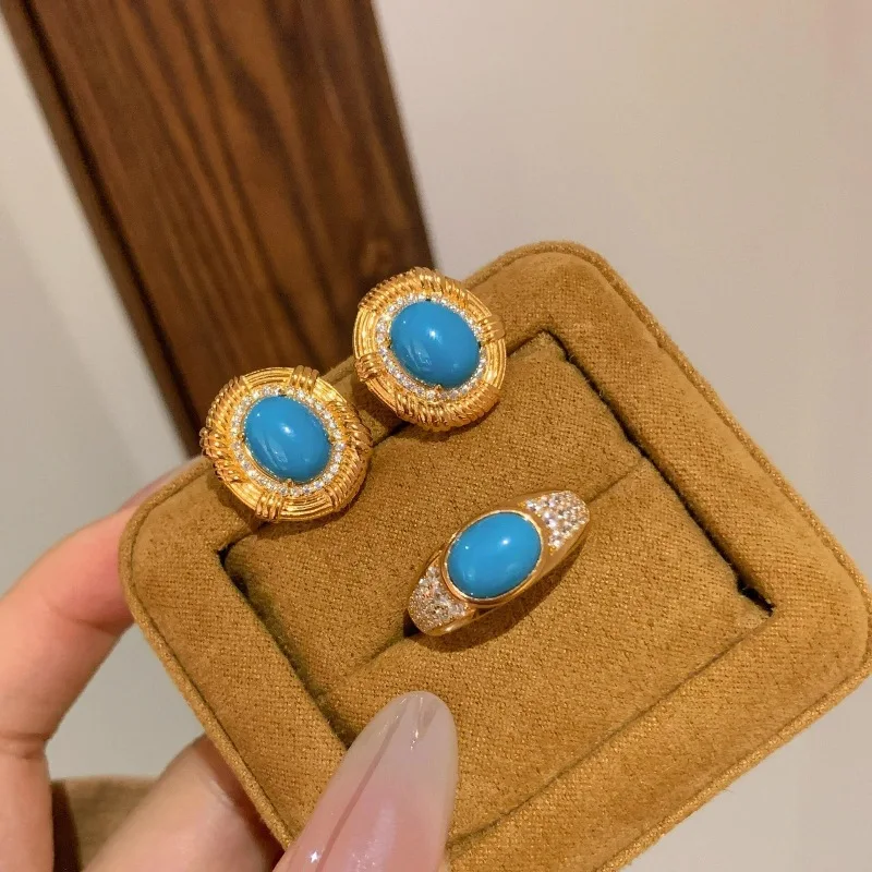 Vintage antique gold craftsm full circle diamond turquoise ring earrings for women light luxury luster charm blue jewelry sets