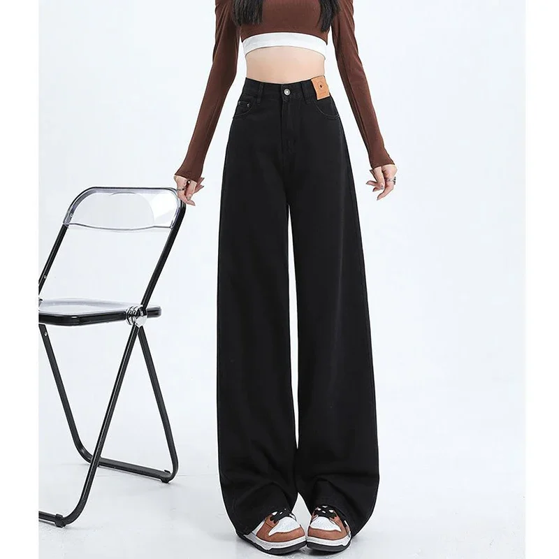 Pantalones vaqueros ajustados de cintura alta para mujer, pantalones vaqueros de pierna recta negros para niñas, pantalones vaqueros holgados coreanos clásicos para mujer