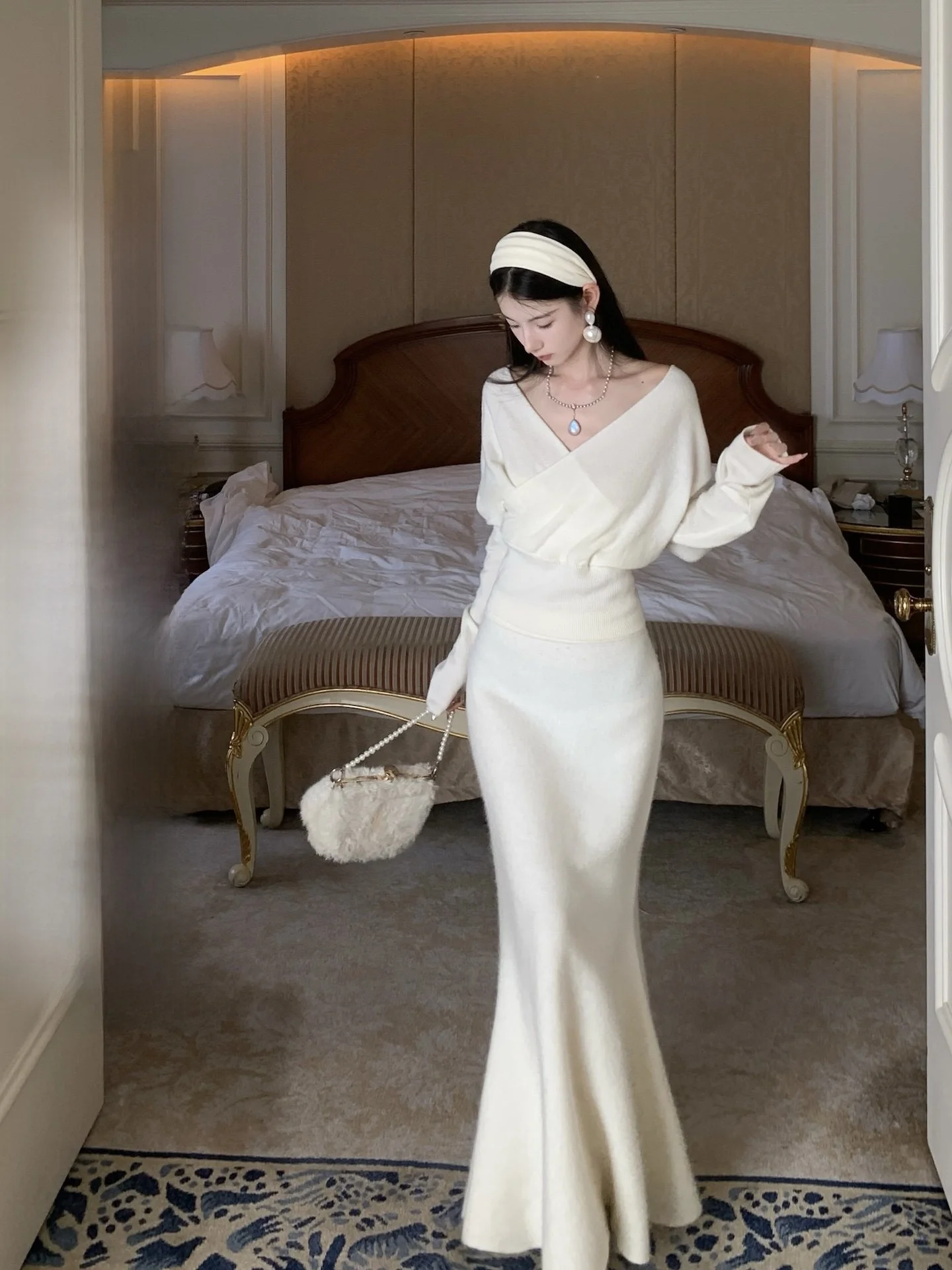 

Ele Cross Collar Long Sve Camere Knitted Top Women's Sweater Wool Blend Comfortable Fit Knitwear Casual Chic Sle