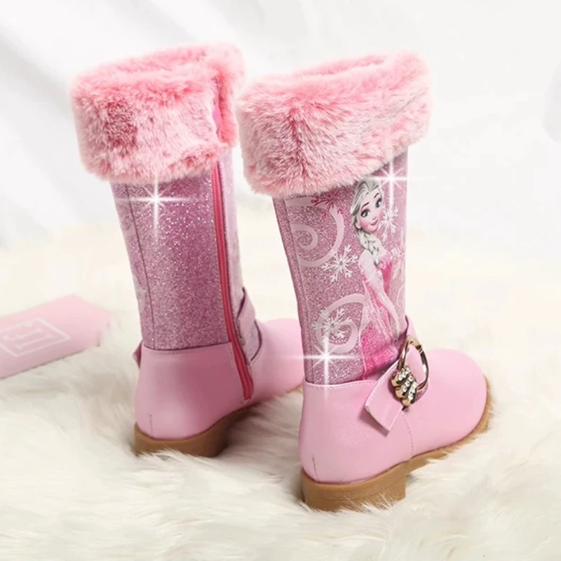 Disney leren meisjeslaarzen Winter Cartoon Frozen Laarzen Rits Hoge Pluche Prinses Elsa Laarzen Warme kinderlaarzen Maat 25-36
