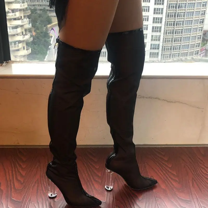 New Mesh Neon Green Sandal Boots Women Sexy Over The Knee Boots Pointed Toe High Heels Party Shoes Woman Thigh High Boots