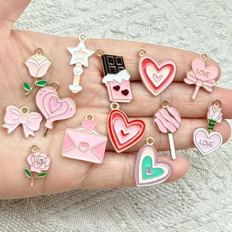 13pcs Alloy enamel pink Valentine's Day Pendant Jewelry Making DIY Keychain Earrings Charms for Jewelry Bracelets Necklace