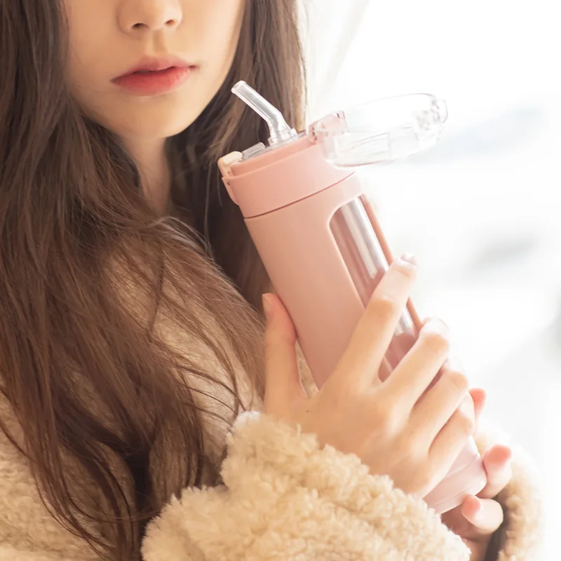 Double Portable Glass Water Bottle with Plastic Enclosure, Kawaii Cup, Tumbler with Straw, Gifts for Girls, Milk, Coffee, Juice