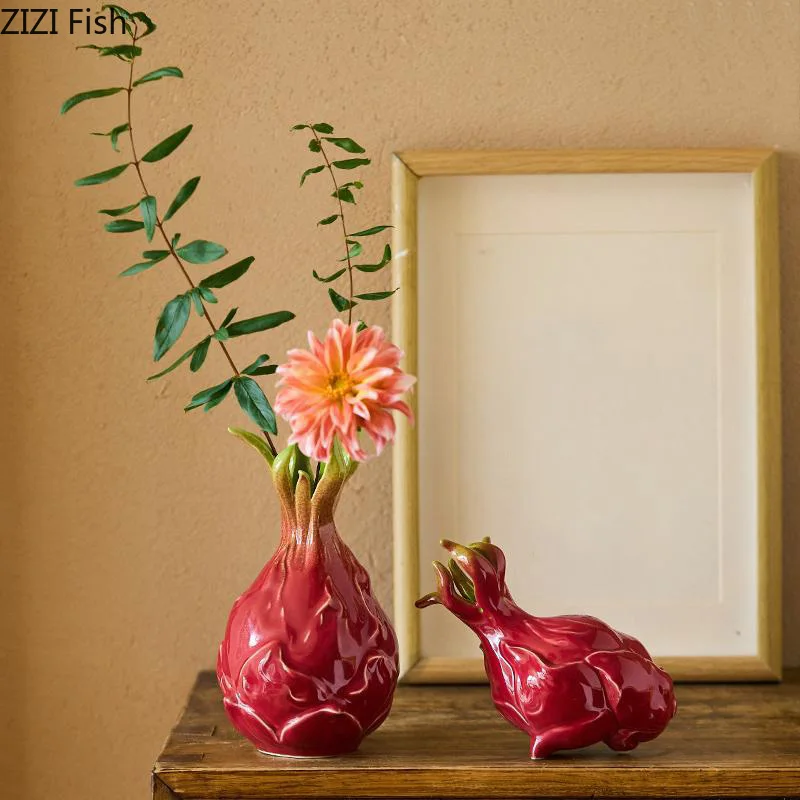 Simulated Pitaya Shape Ceramic Vase Desk Decoration Flowers Arrangement Artificial Flower Decorative Vases Room Aesthetic Decor