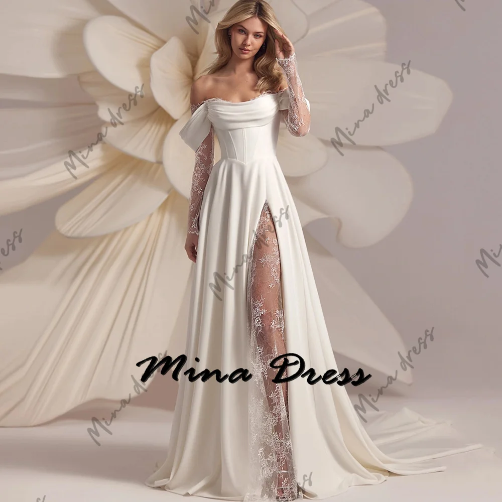 

Mina Customized Boat Neck Wedding Dress Elegant Evening Dresses for Women Luxury Prom Dress 2024 Lace Side Slits Ball Gowns Gala