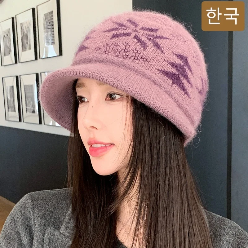 

Rabbit Fur Hat New Autumn Winter Style Warm Beanie Large Head Circumference Jacquard Elegant Bucket Hat Women 56-58CM