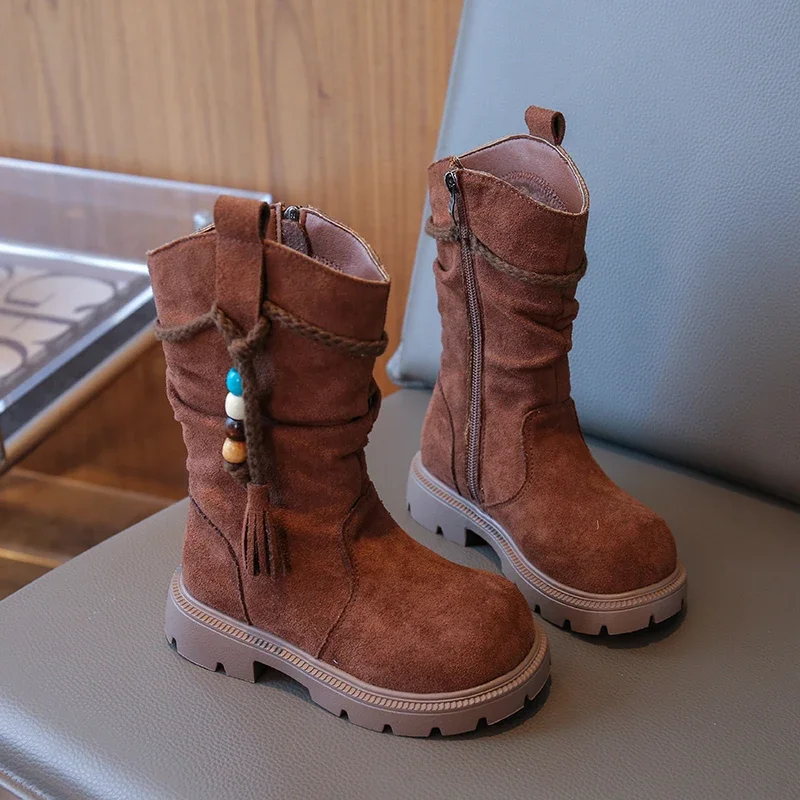 Little Girls Western‑Style Mid‑Calf Boots, Faux Suede Ruched Shaft Bead Tassel Inner Zipper Thick‑Sole Casual Boots