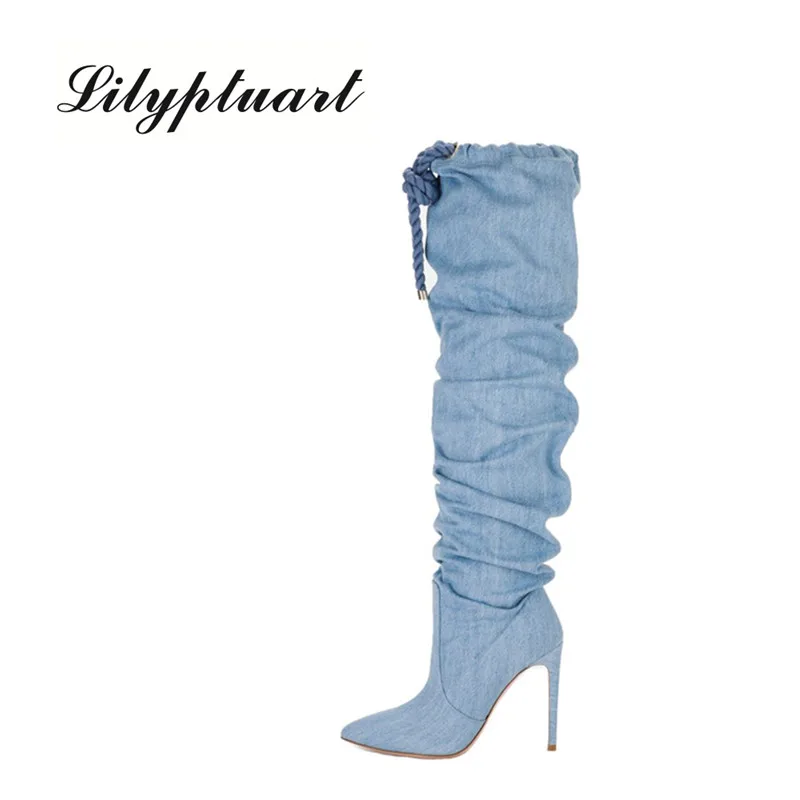 Western Style Blue Denim Knee High Boots Feminine Pointed Toe Stiletto Heel Ladies Fashion Boots Women's Comfortable Shoes