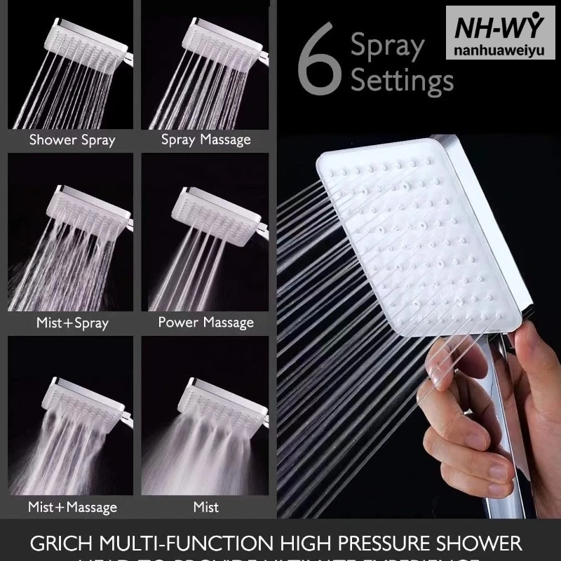 

Square US Japanese European Style 6 Spray Modes Paddle Switch Pressure Boosting Handheld Shower Head for Bathroom