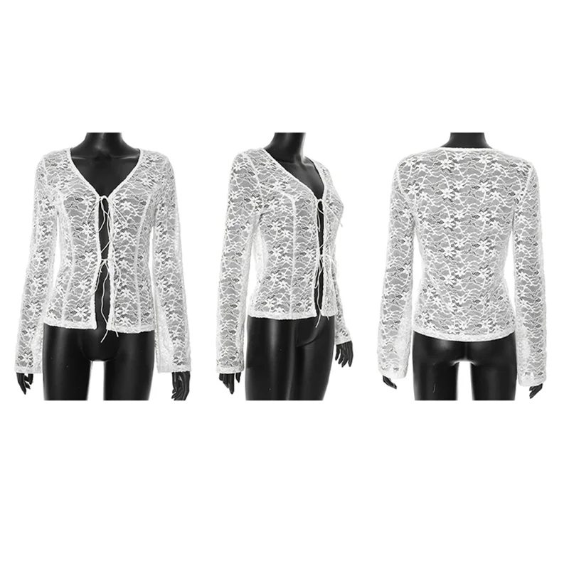 

Женские топы с завязками спереди, прозрачная сетчатая блузка с длинными рукавами, рубашка, укороченный топ