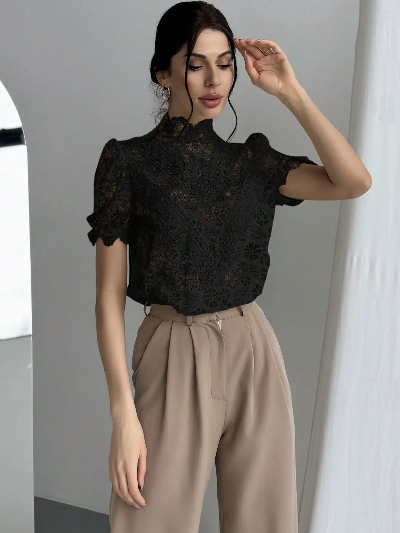 Blouse Women Y2K Black 25 Spring Summer Lace Sleeve High Neck Loose Fit Sexy Casual Streetwear Office Ready Dinner Date Weekend