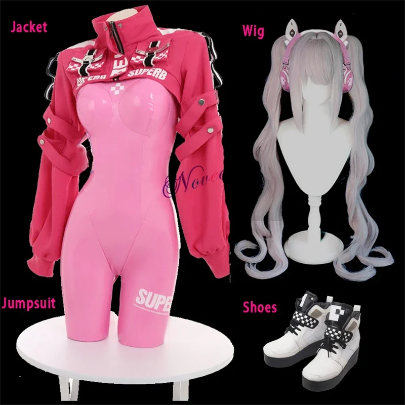 Nieuw Spel Nikke Alice Cosplay Kostuum Pruik Schoenen Sexy Latex Catsuit Bodysuit Roze Jumpsuit Jas Pak Voor Vrouwen Meisjes