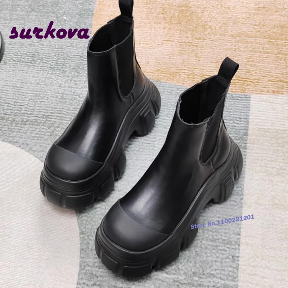 

Platform Leather Ankle Boots Black Round Toe Height Increasing Slip On Women's Boots Casual Newest Chelsea Boots Outside Soft