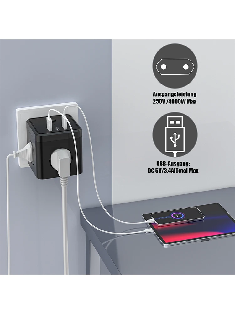 مكعب 6 في 1 بدون كابل مع مقبس مفتاح مع 2 مقابس يورو 1 شوكو و3 USB مع ضوء مؤشر مقبس قياسي أرضي