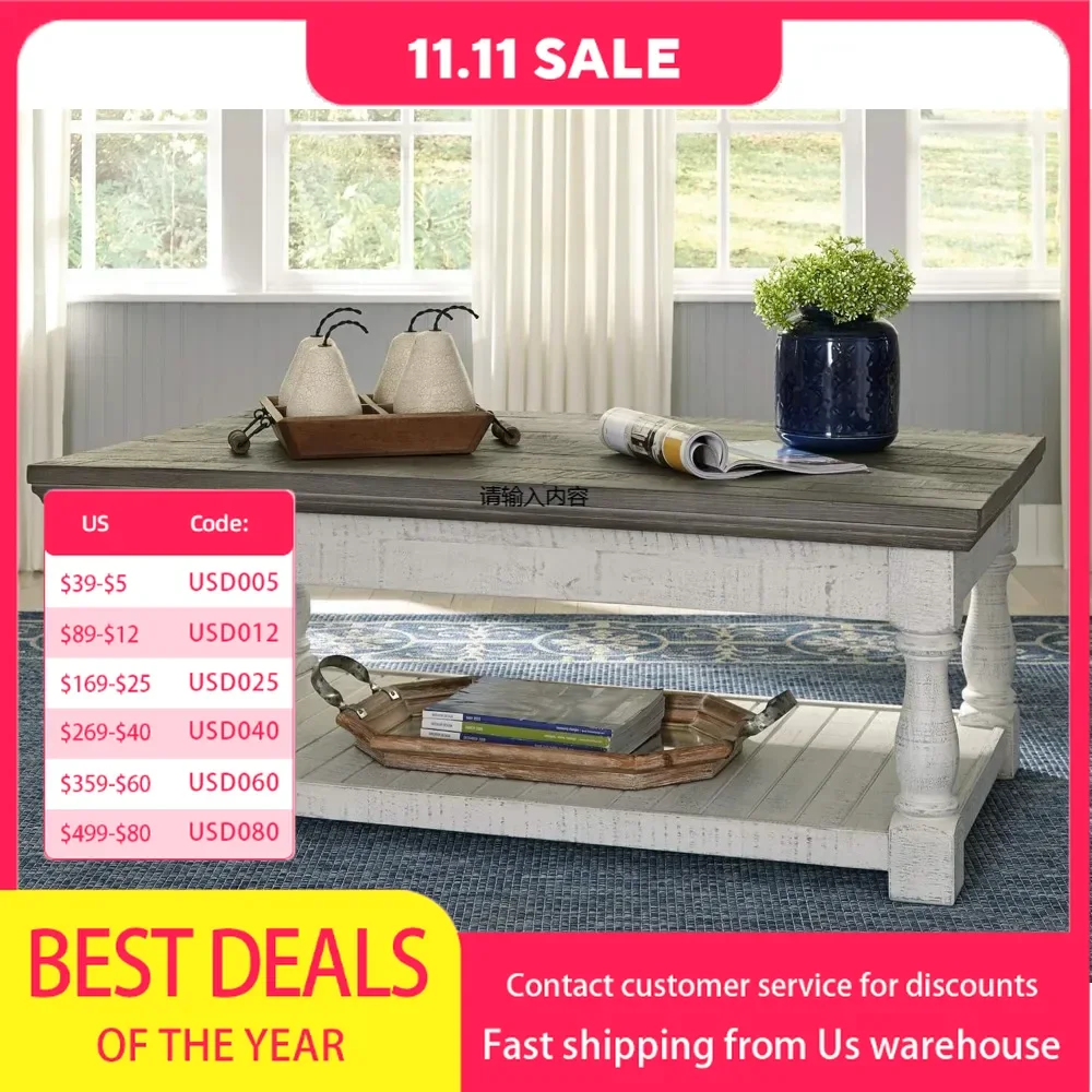 Havalance Farmhouse Lift Top Coffee Table with Fixed Shelf and 2 Hidden Storage Trays, Gray & White with Weathered Finish