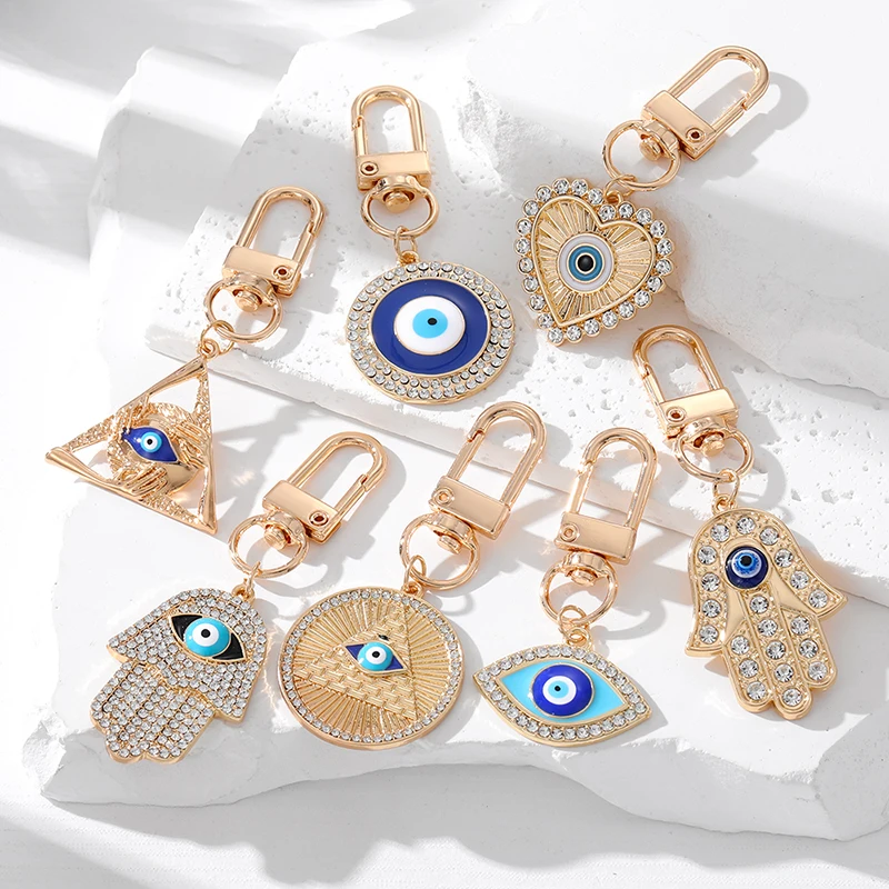 Zircon Heart Evil Eye Hamsa Hand Keychain Key Ring Women Punk Pyramids Fatima Hand Blue Eye Bag Car Airpods Box Key Accessories