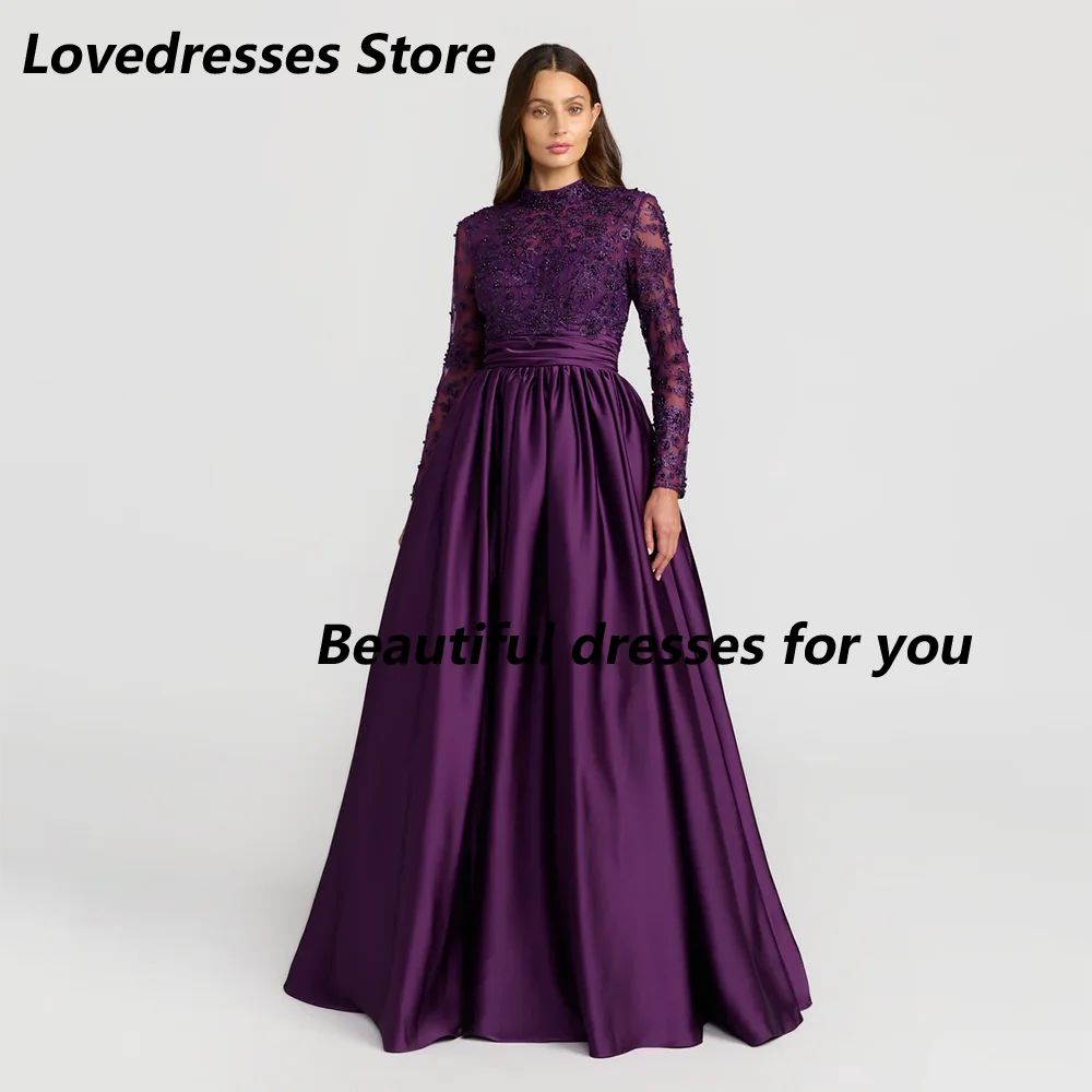 

Фиолетовое вечернее платье с высоким воротом и кружевной аппликацией с длинными рукавами Вечерние платья длиной до пола Вечернее платье по индивидуальному заказу